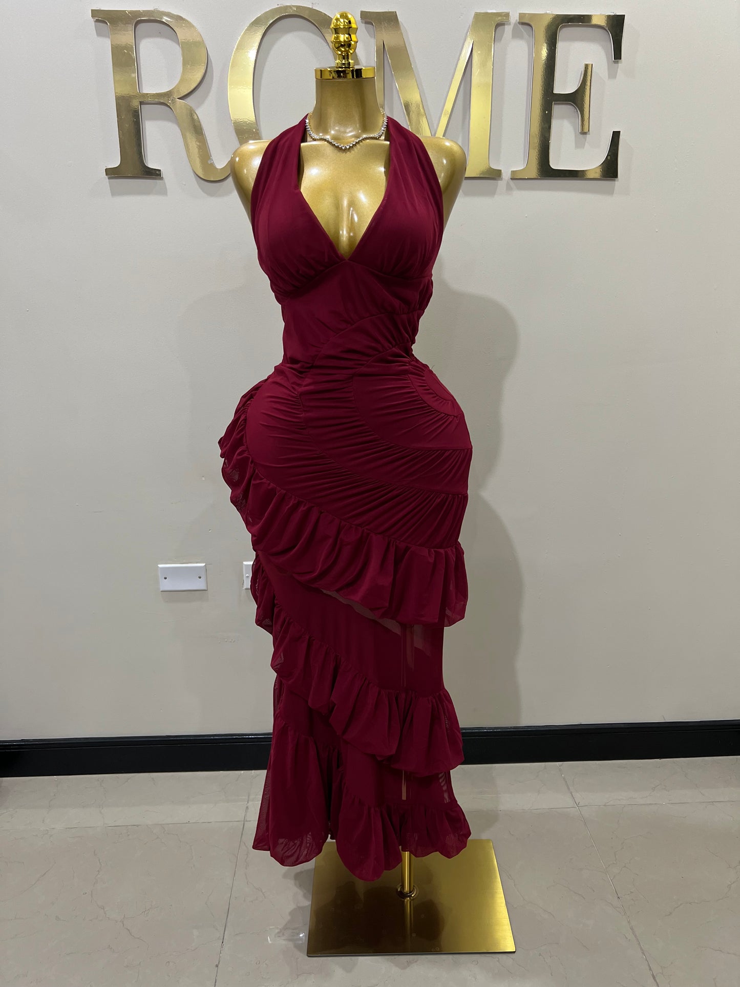 Courtili Ruffle Mesh Dress (Burgundy)