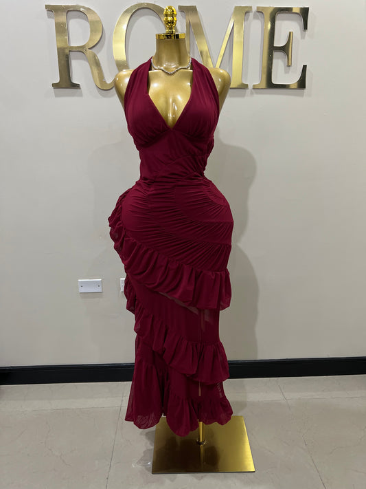 Courtili Ruffle Mesh Dress (Burgundy)