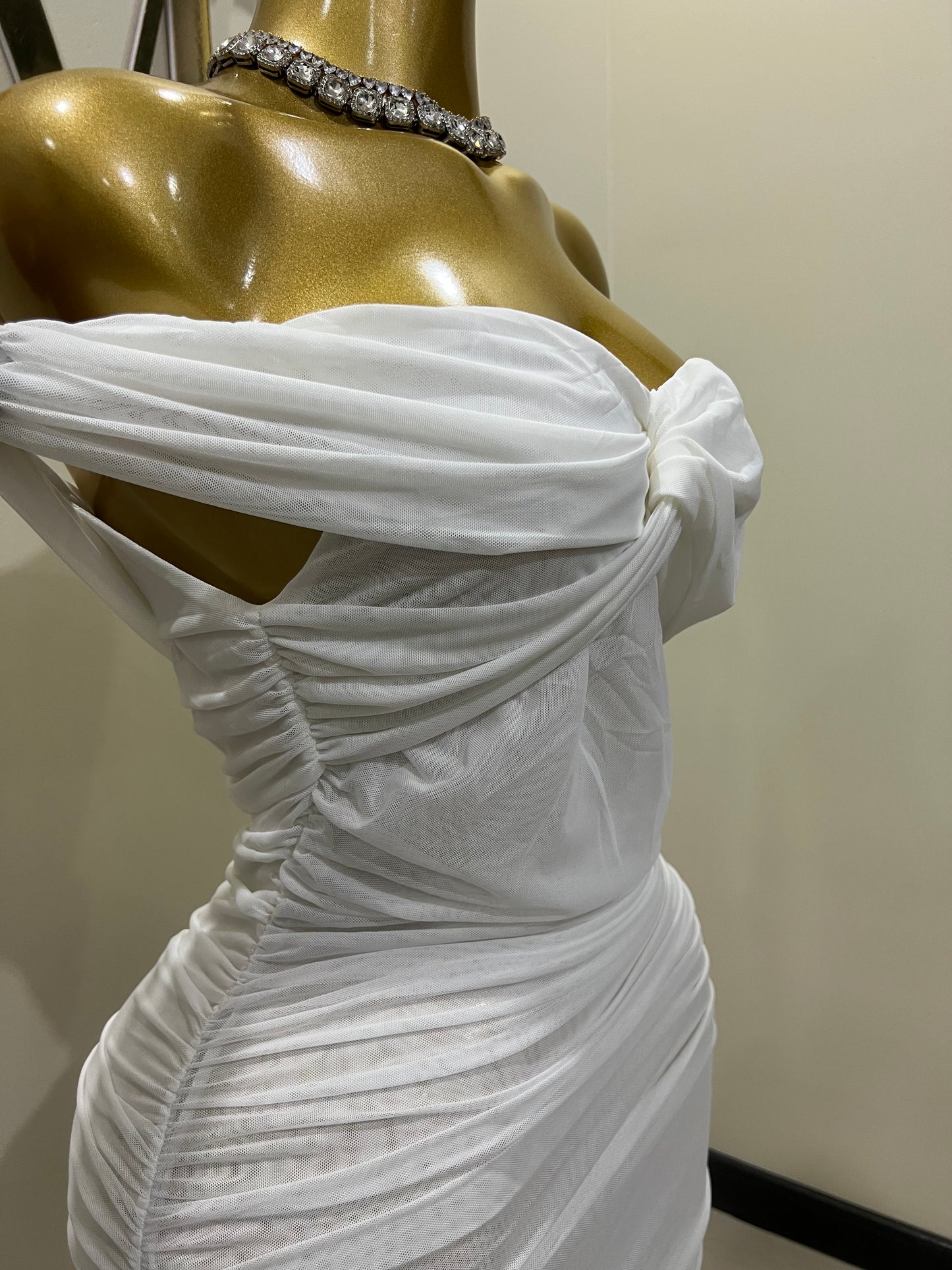 Sophie Off Shoulder Mesh Dress (White)