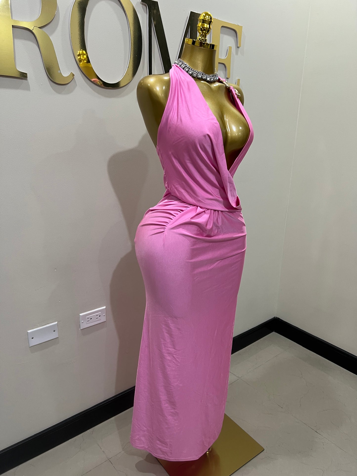 Snake Deep V Rouched Dress (Pink)