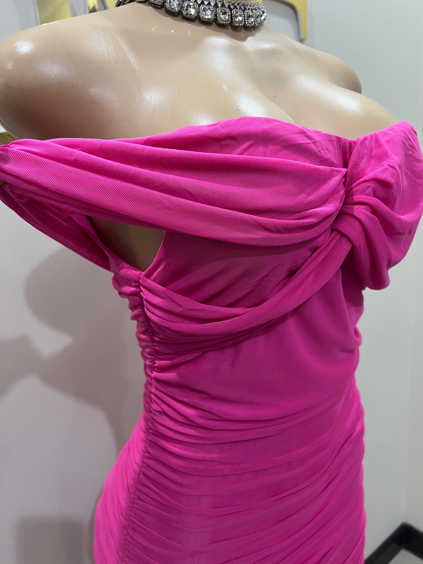 Sophie Off Shoulder Mesh Dress (Pink)