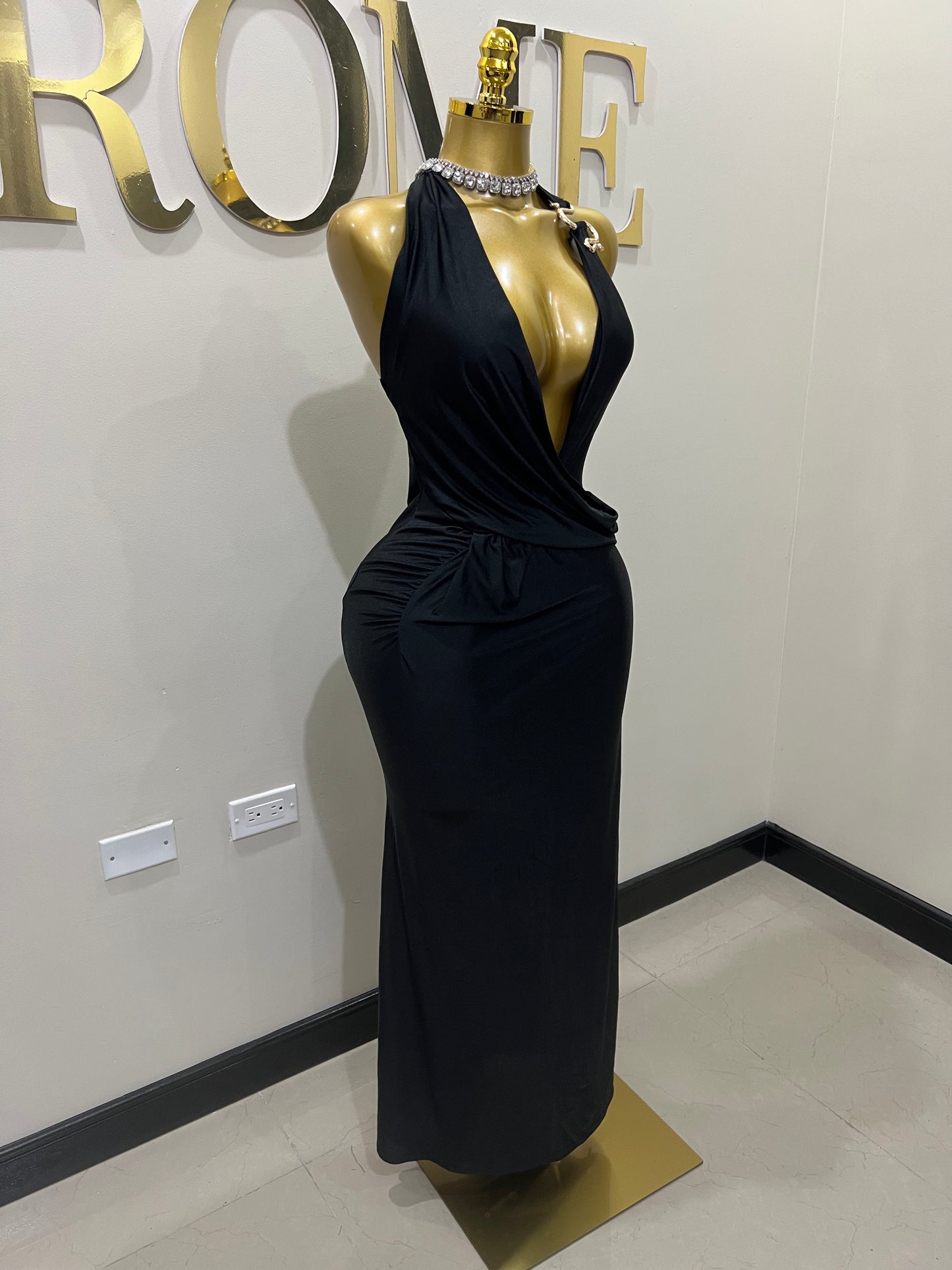 Snake Deep V Rouched Dress (Black)