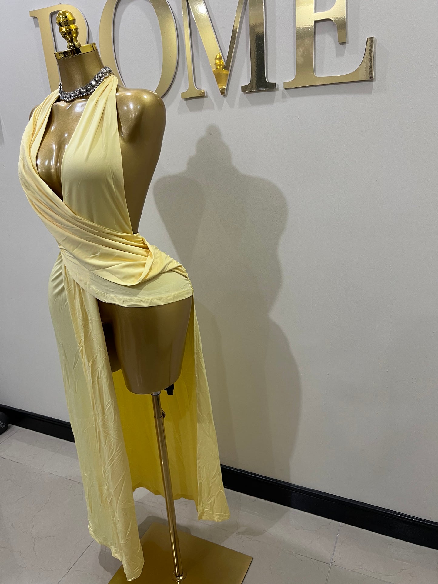 Deep V Rouched Dress (Yellow)