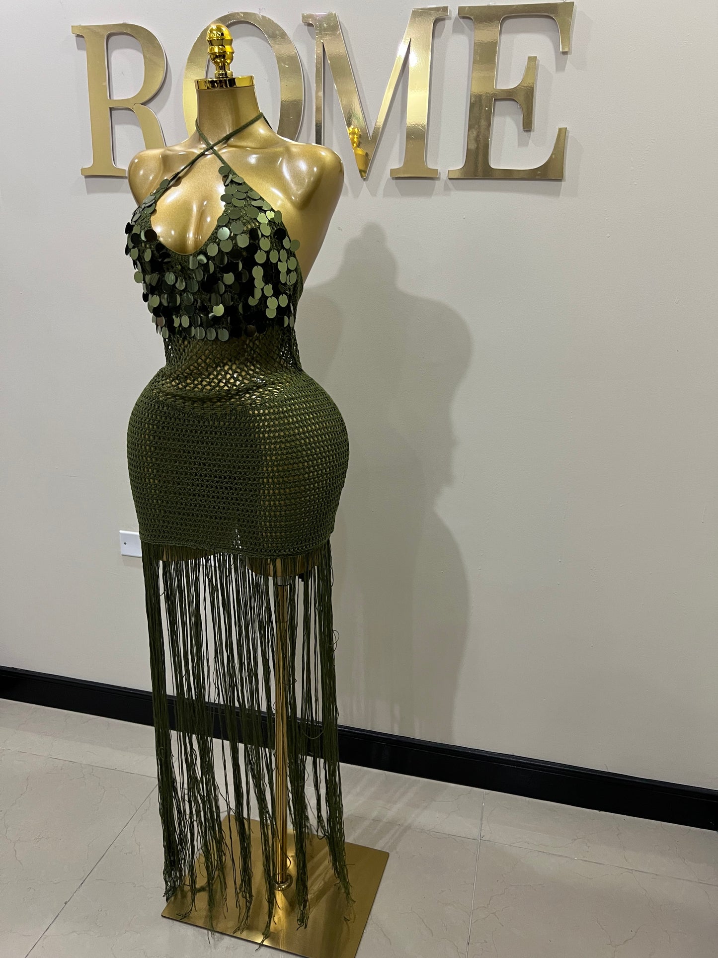 Destiny Sequin Crochet Fringe Dress (Green)