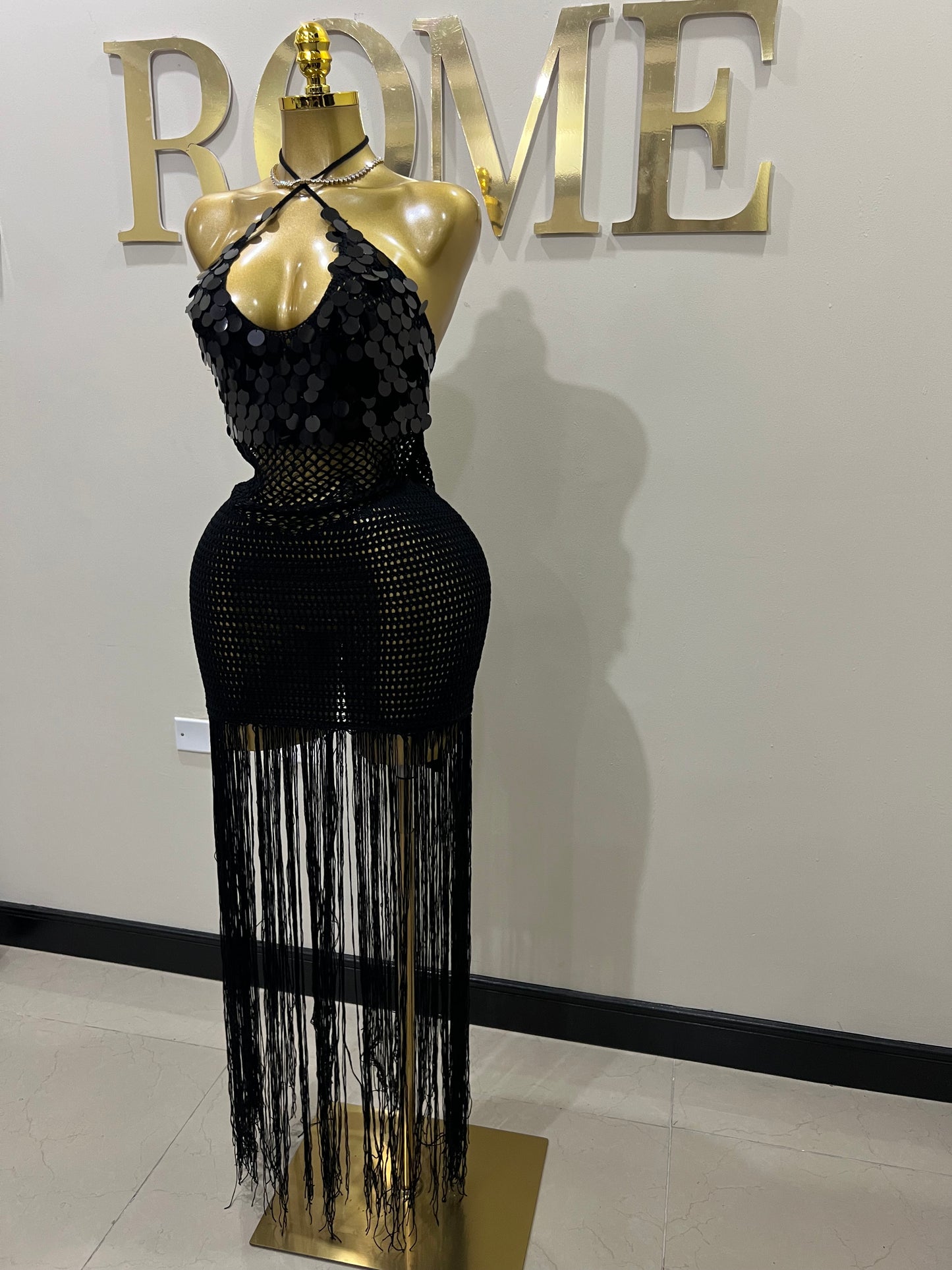 Destiny Sequin Crochet Fringe Dress (Black)