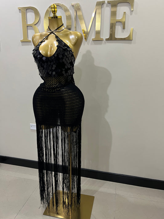 Destiny Sequin Crochet Fringe Dress (Black)