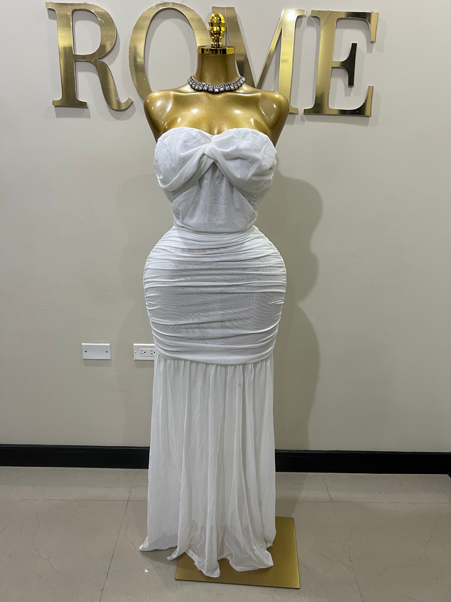 Sophie Off Shoulder Mesh Dress (White)
