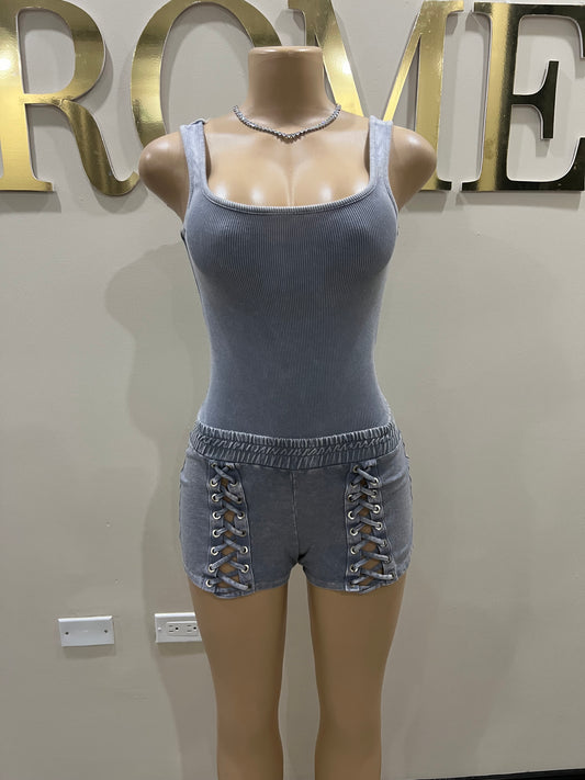 Gianna Bodysuit Laced Shorts Set (Grey)