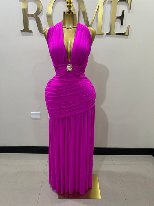 Michelle Grace Eve Deep V Dress (Bright Pink)