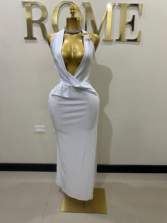 Snake Deep V Rouched Dress (White)