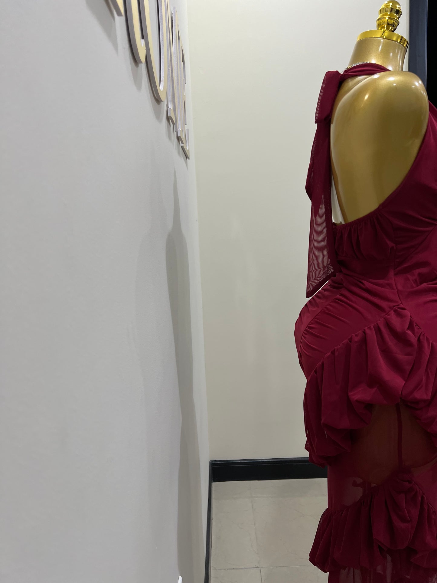 Courtili Ruffle Mesh Dress (Burgundy)