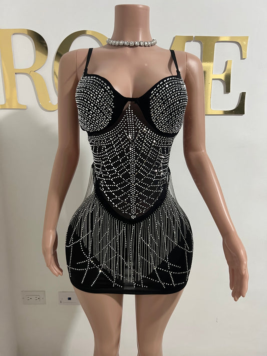Gianna Fringe Crystal Dress (Black)
