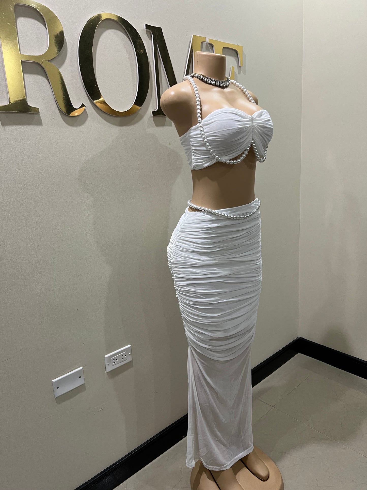 Emma Giselle Mesh Pearl Skirt Set (White)