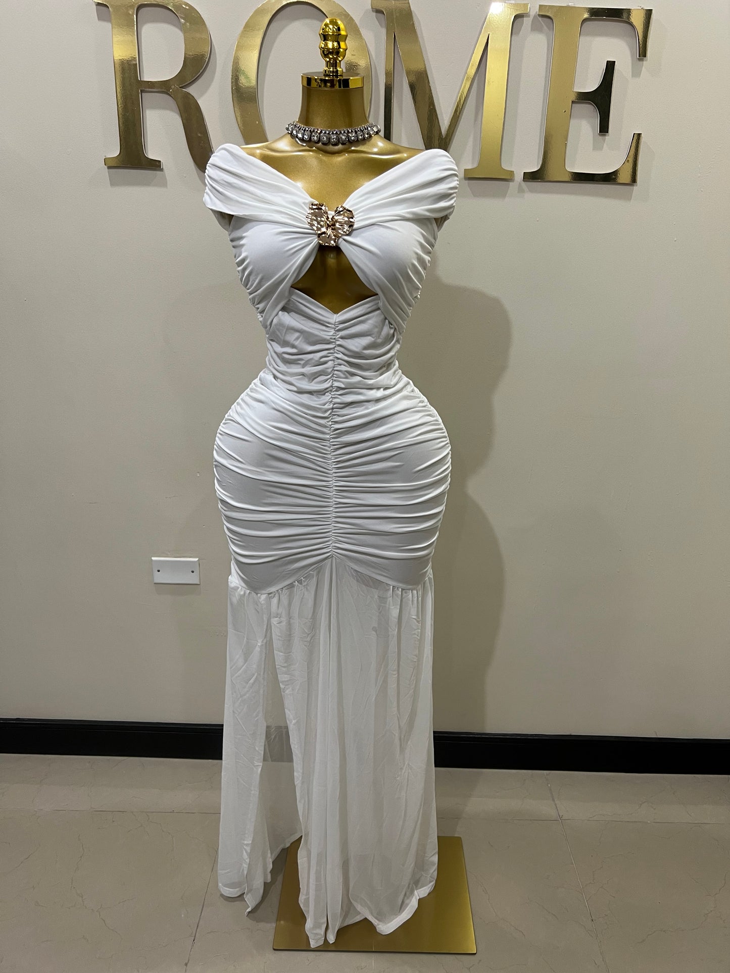 Nara Sophie Petal Off Shoulder Split Dress (White)