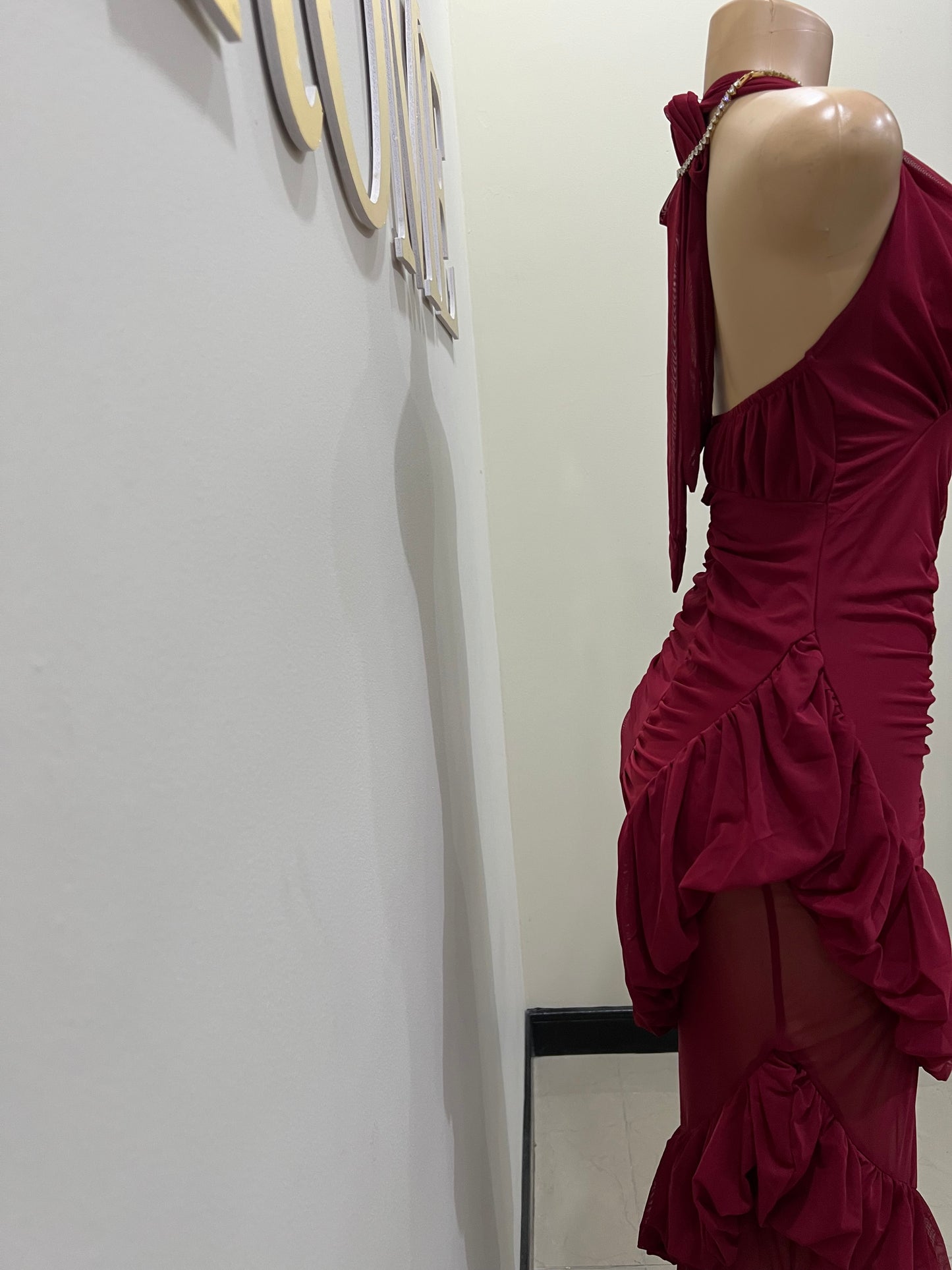 Courtili Ruffle Mesh Dress (Burgundy)