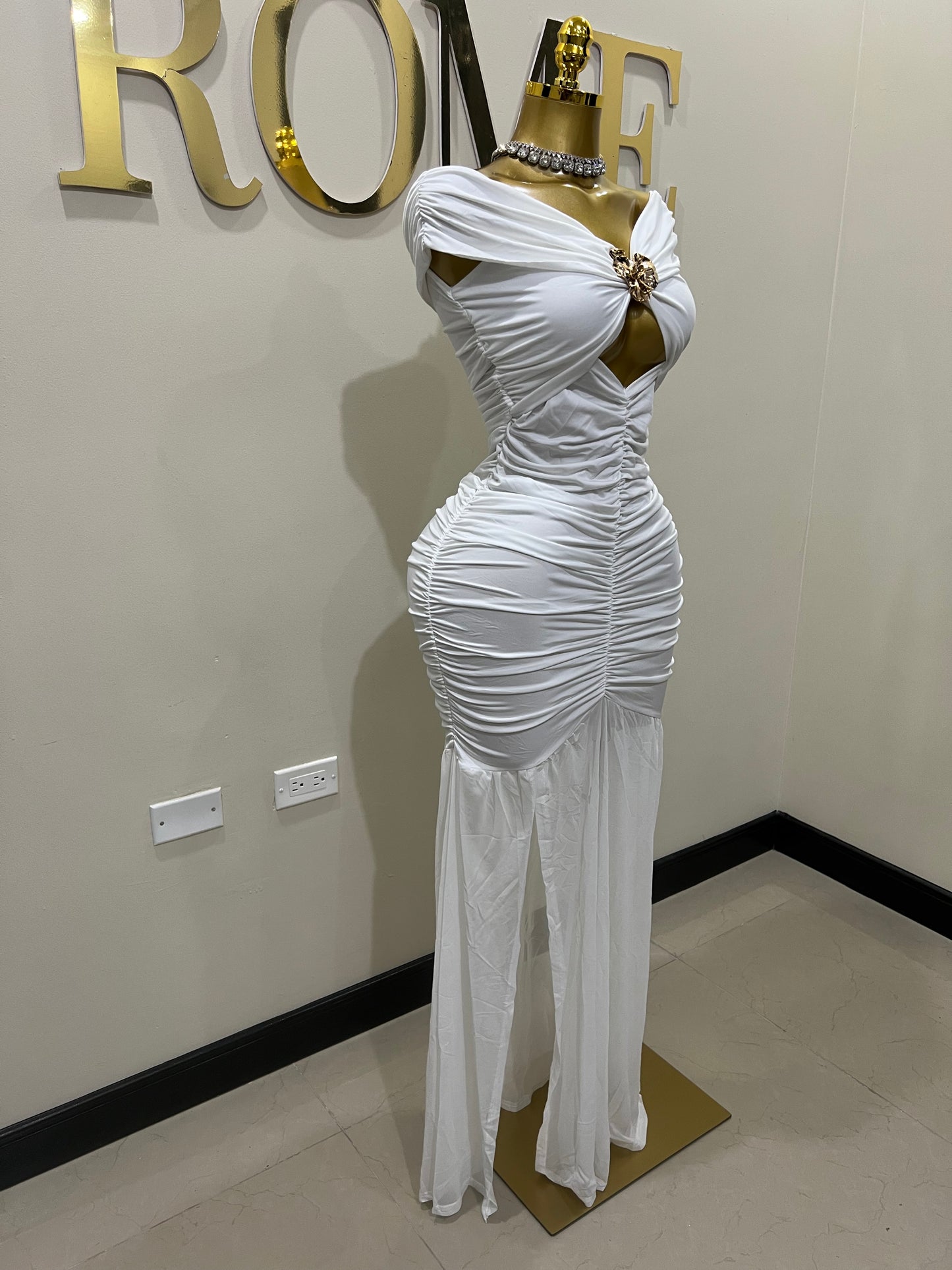 Nara Sophie Petal Off Shoulder Split Dress (White)