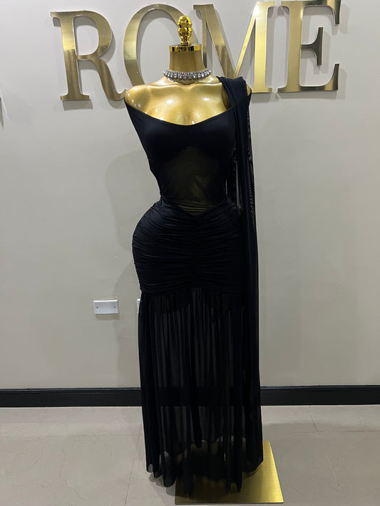 Off Shoulder Nara Split Dress with Scarf (Black)