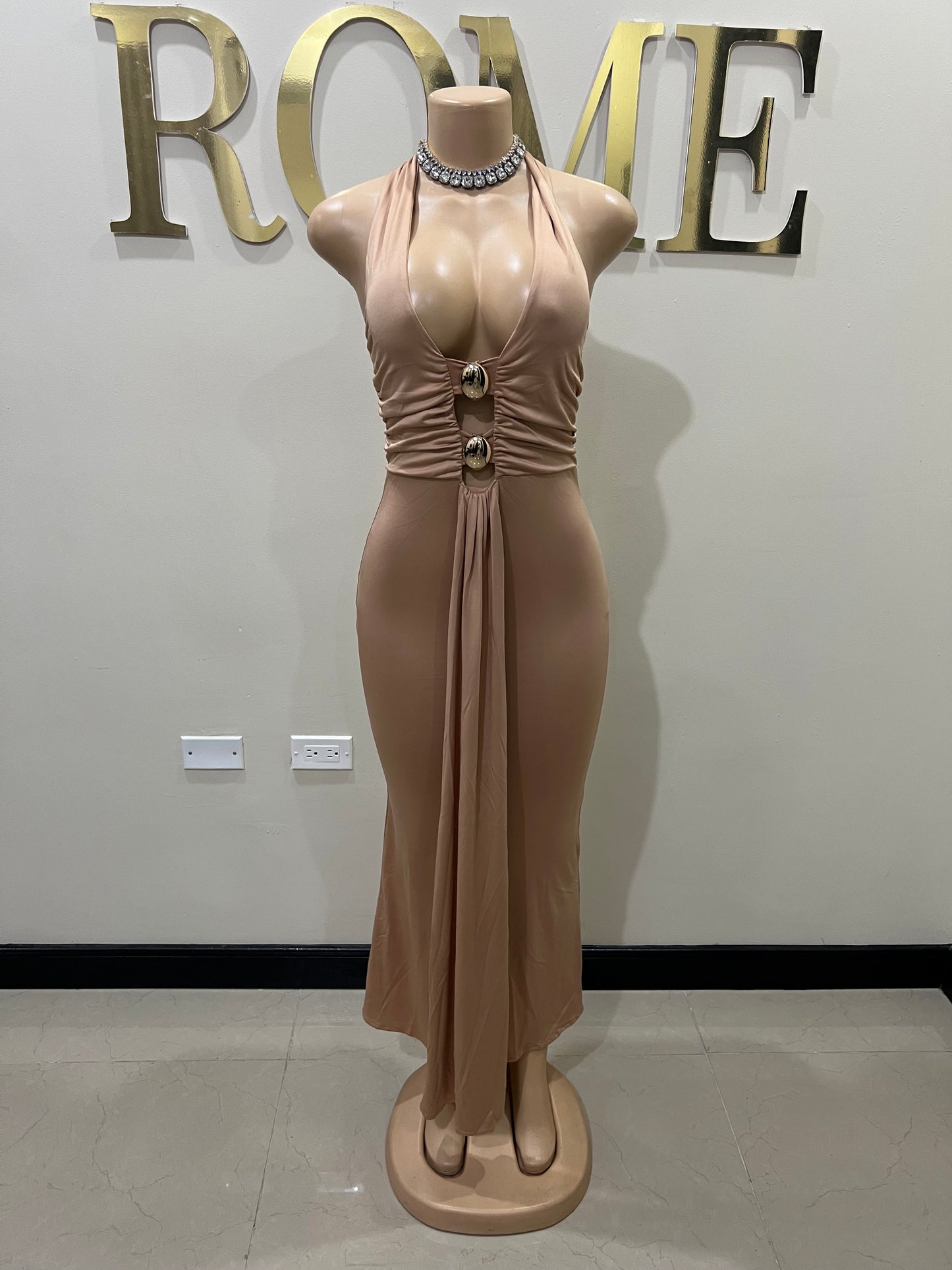 Chinelle Nara Vibe Halter Button Dress (Brown)