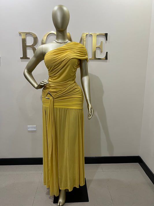 Nara Michelle Angle Mesh Split Dress (Yellow)