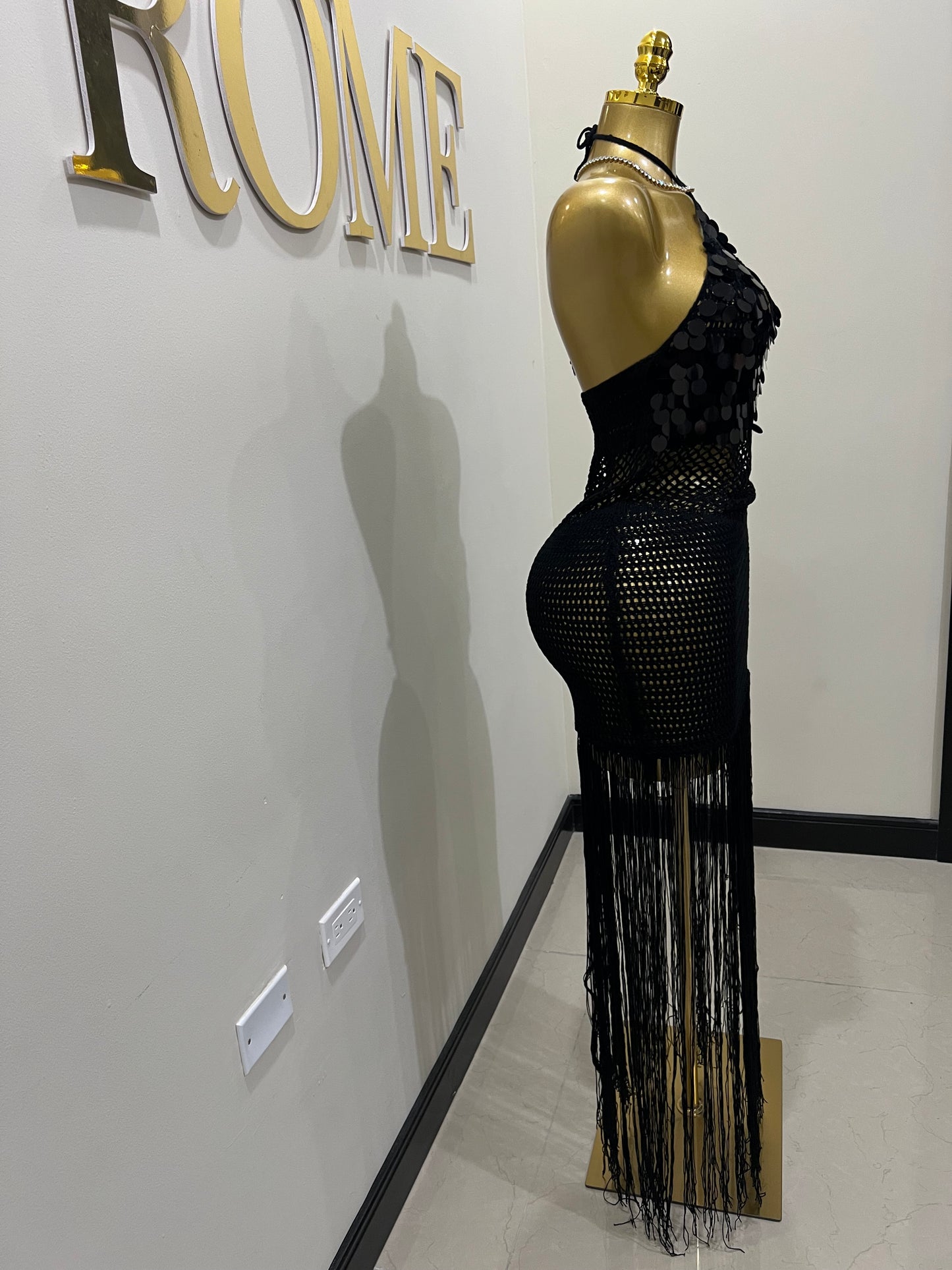 Destiny Sequin Crochet Fringe Dress (Black)