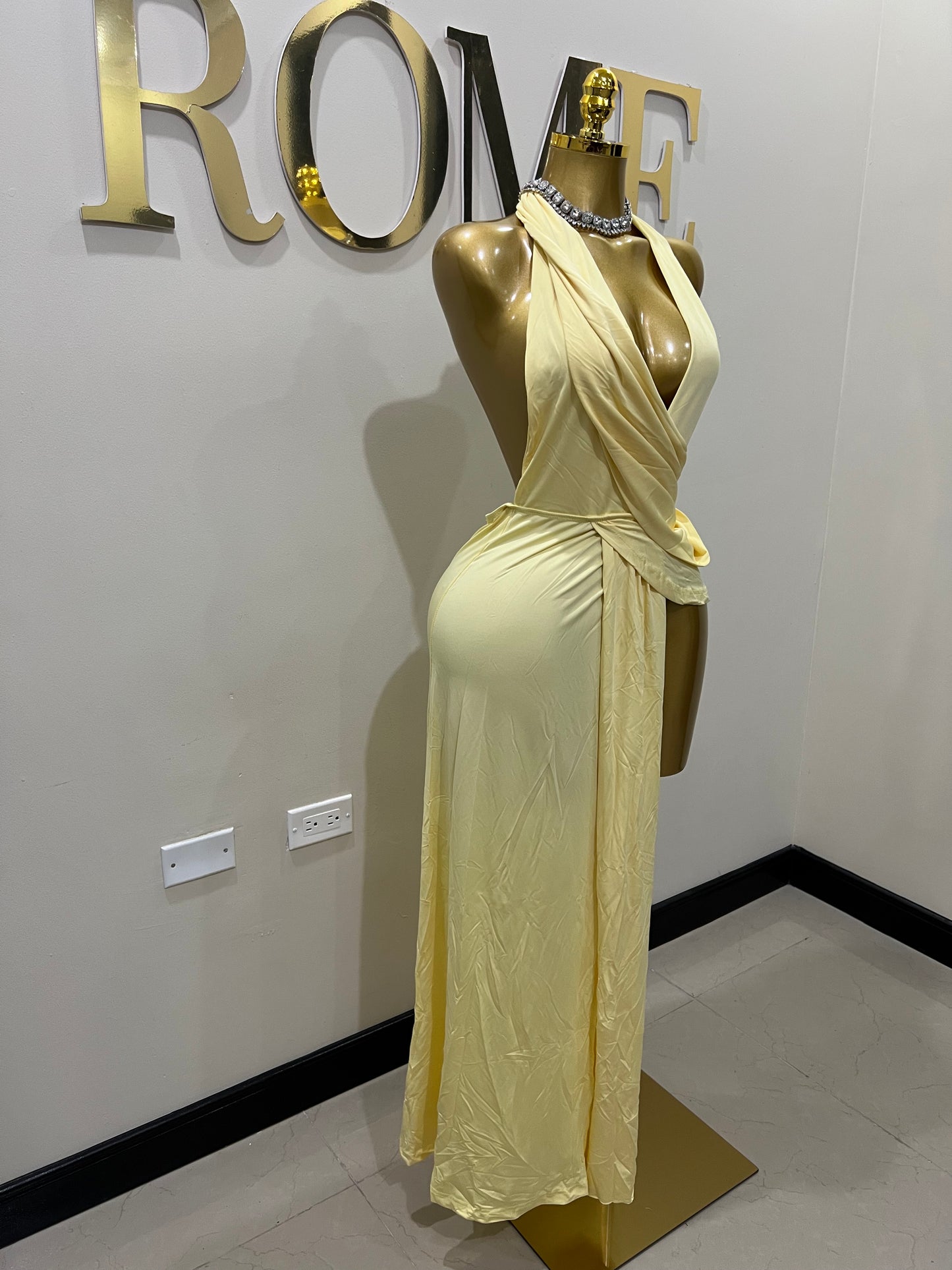 Deep V Rouched Dress (Yellow)