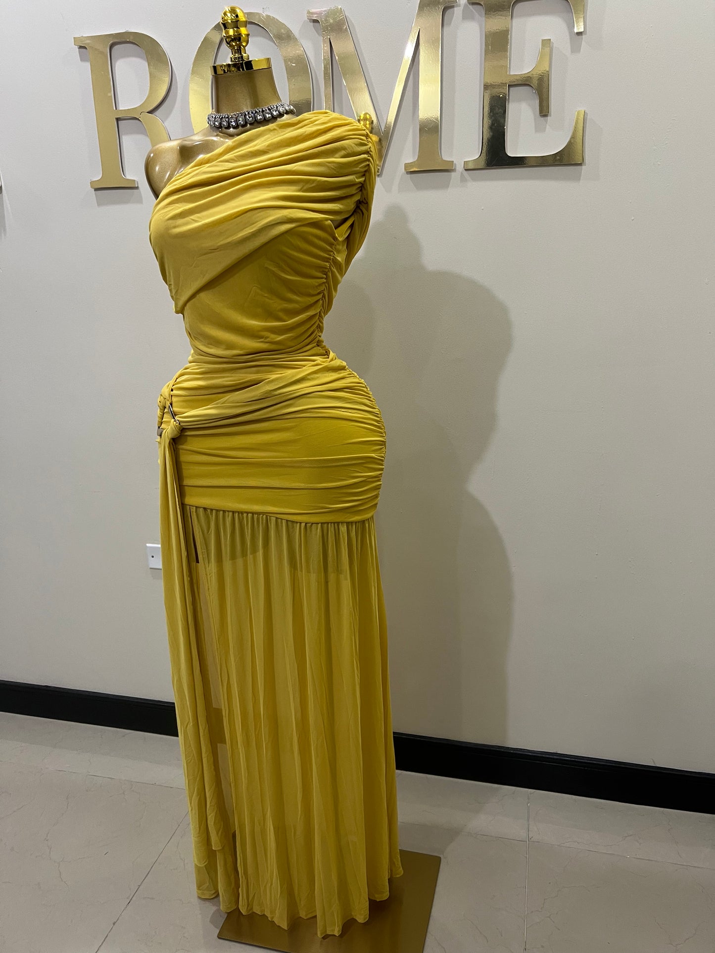 Nara Michelle Angle Mesh Split Dress (Yellow)