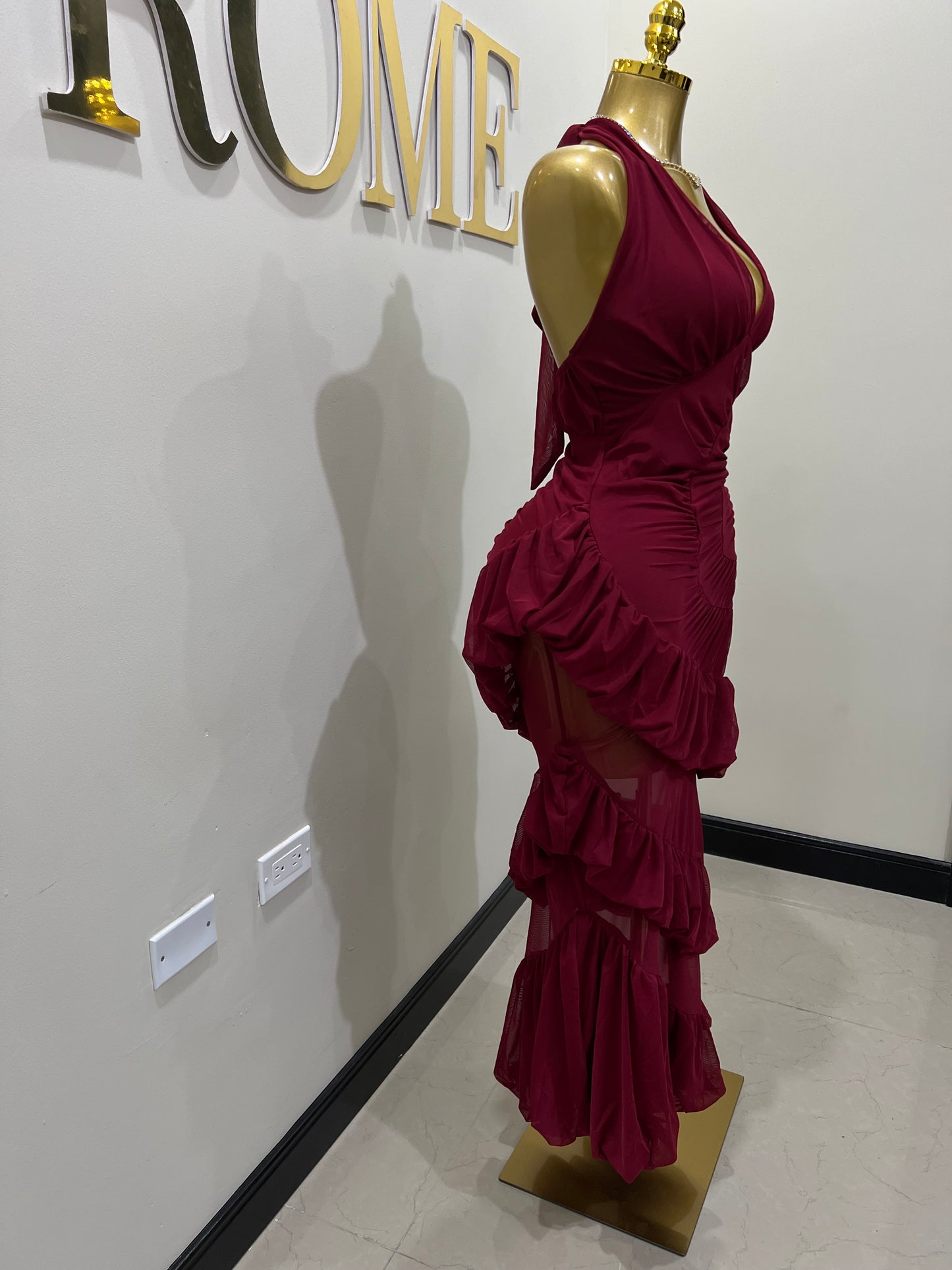 Courtili Ruffle Mesh Dress (Burgundy)