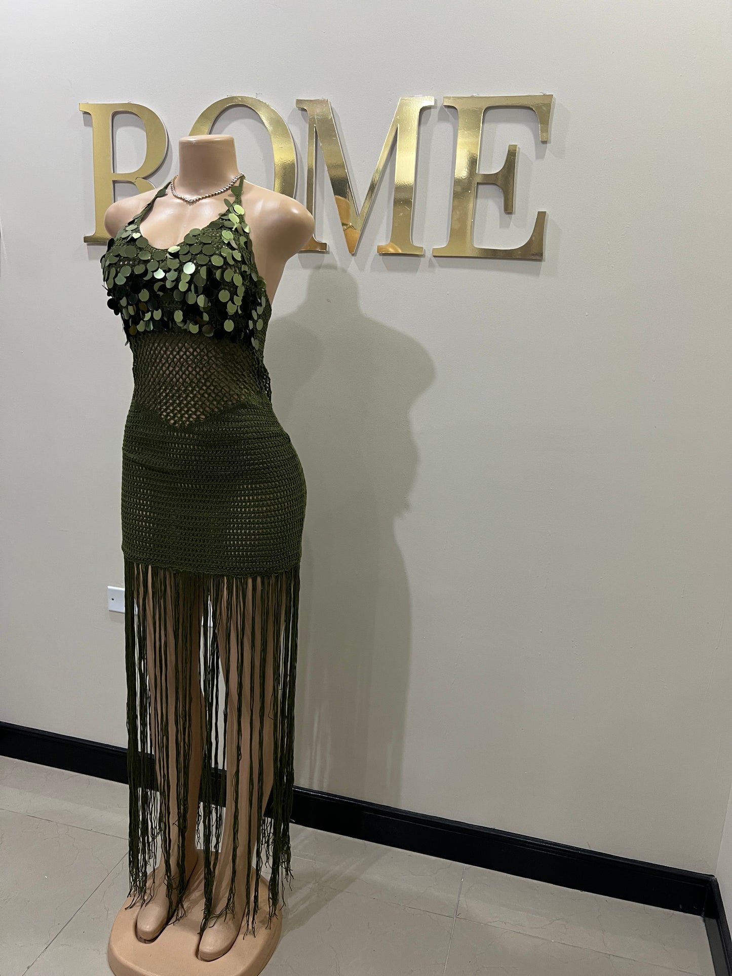 Destiny Sequin Crochet Fringe Dress (Green)