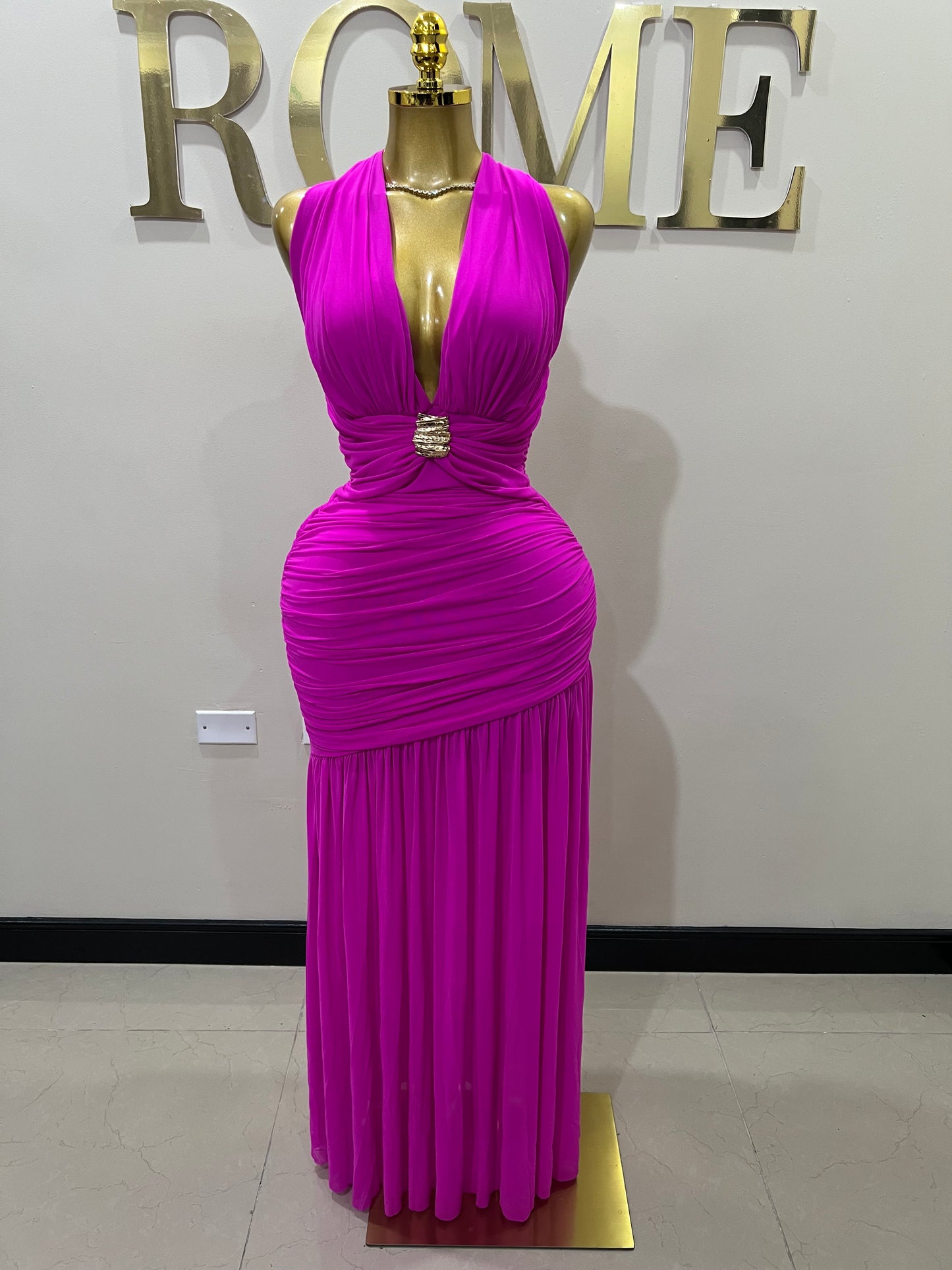 Michelle Grace Eve Deep V Dress (Bright Pink)