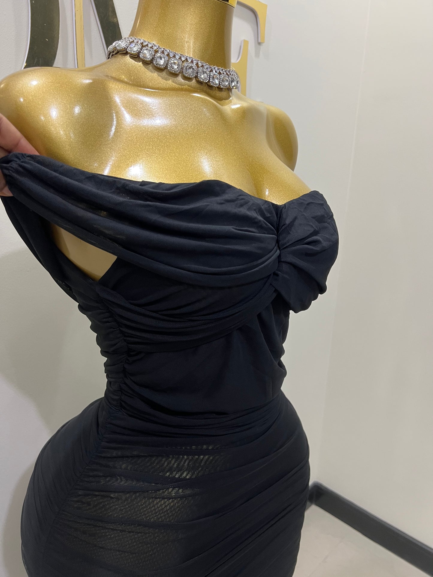 Sophie Off Shoulder Mesh Dress (Black)
