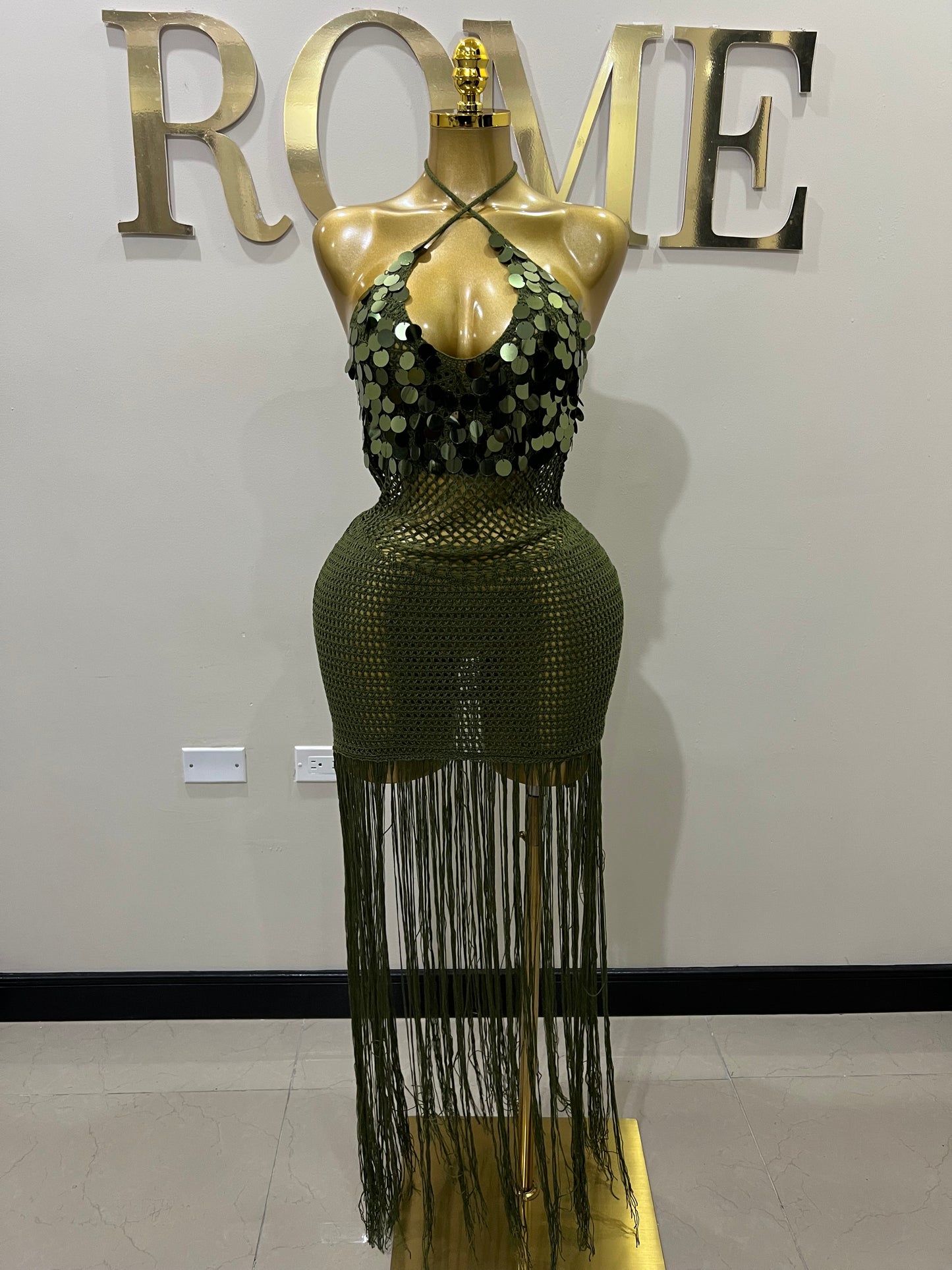 Destiny Sequin Crochet Fringe Dress (Green)