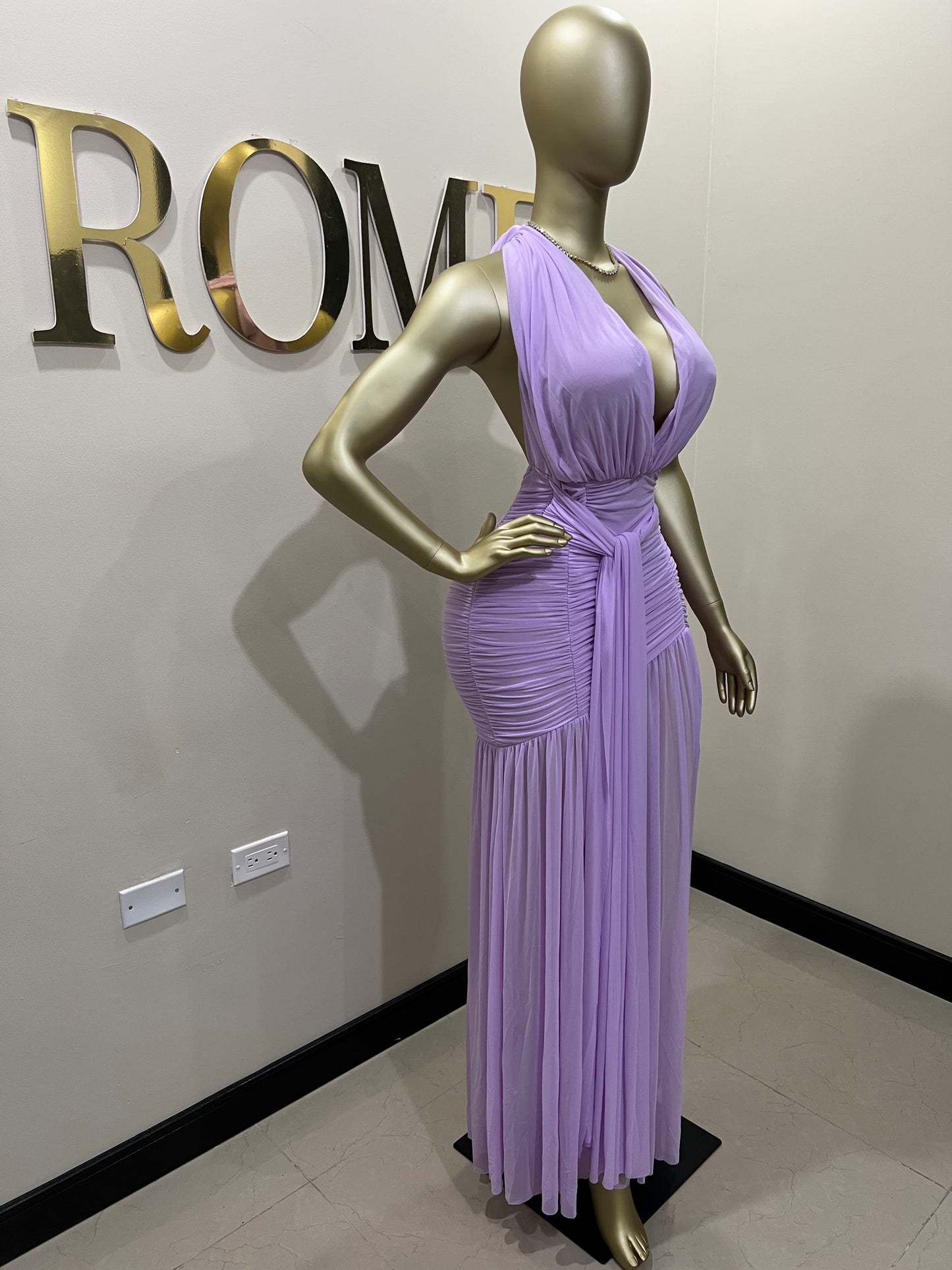 Michelle Grace Deep V Tie Split Dress (Lilac)