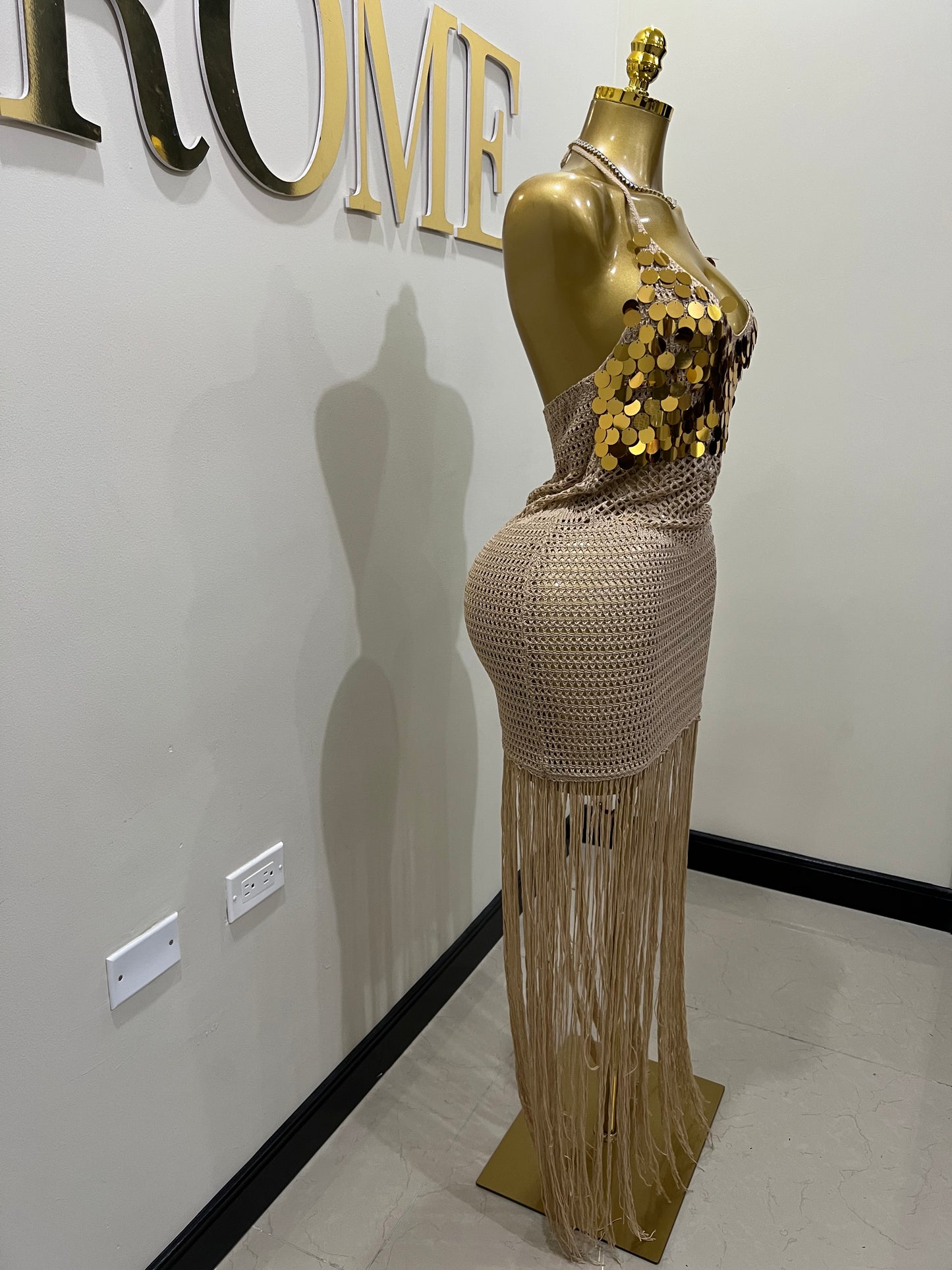 Destiny Sequin Crochet Fringe Dress (Brown)