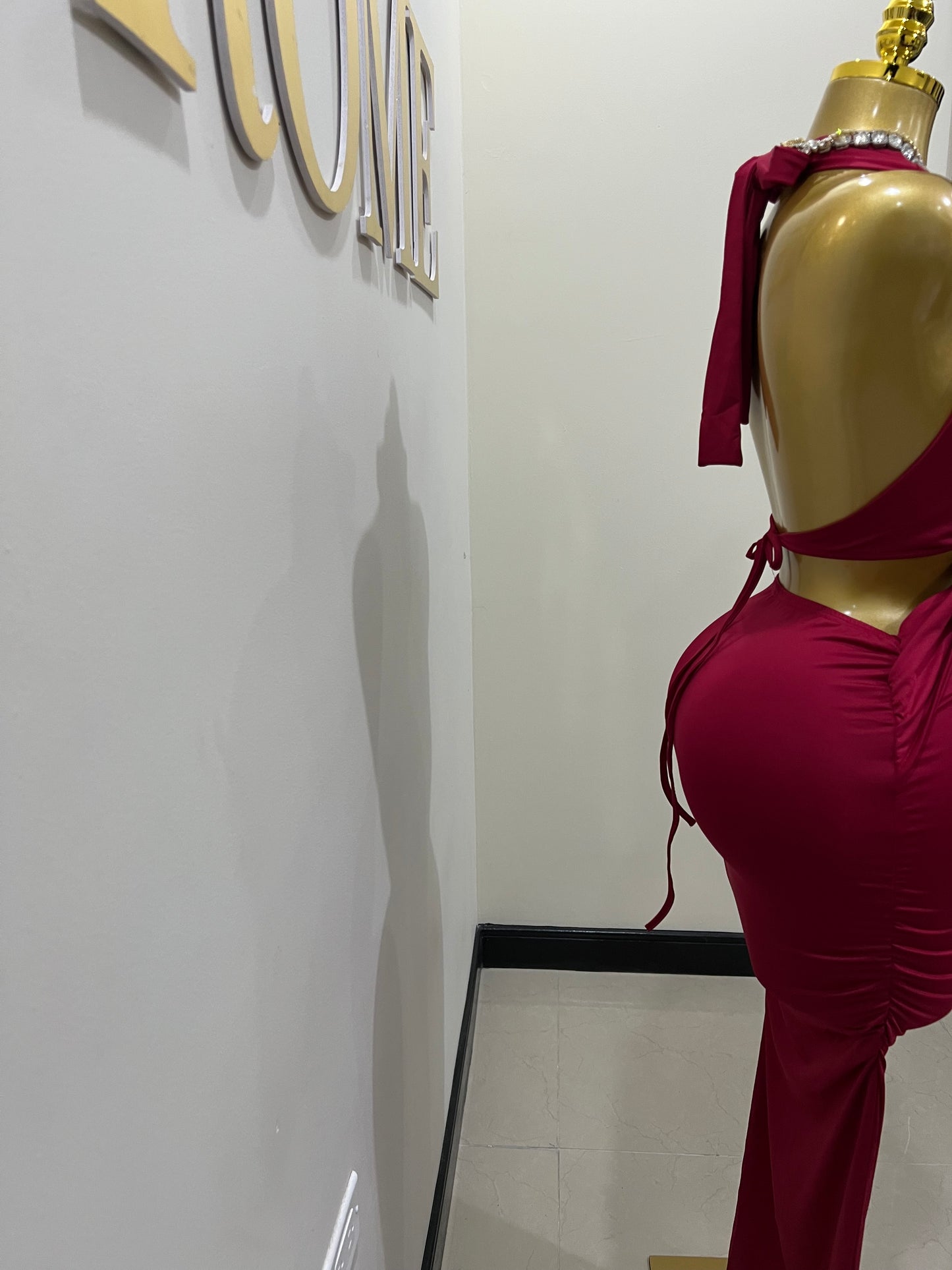 Snake Ming Deep V Dress (Burgundy)