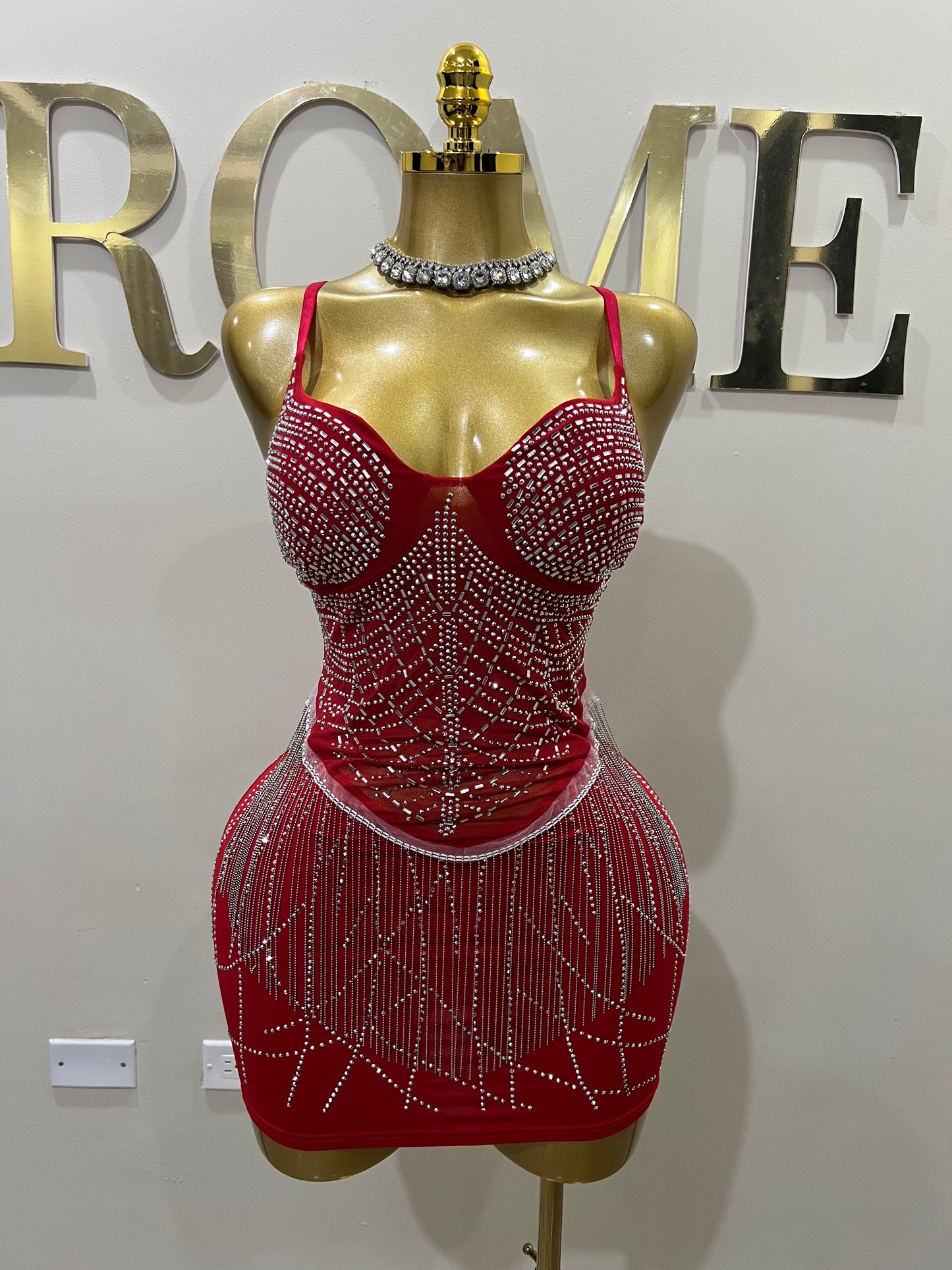 Gianna Fringe Crystal Dress (Red)