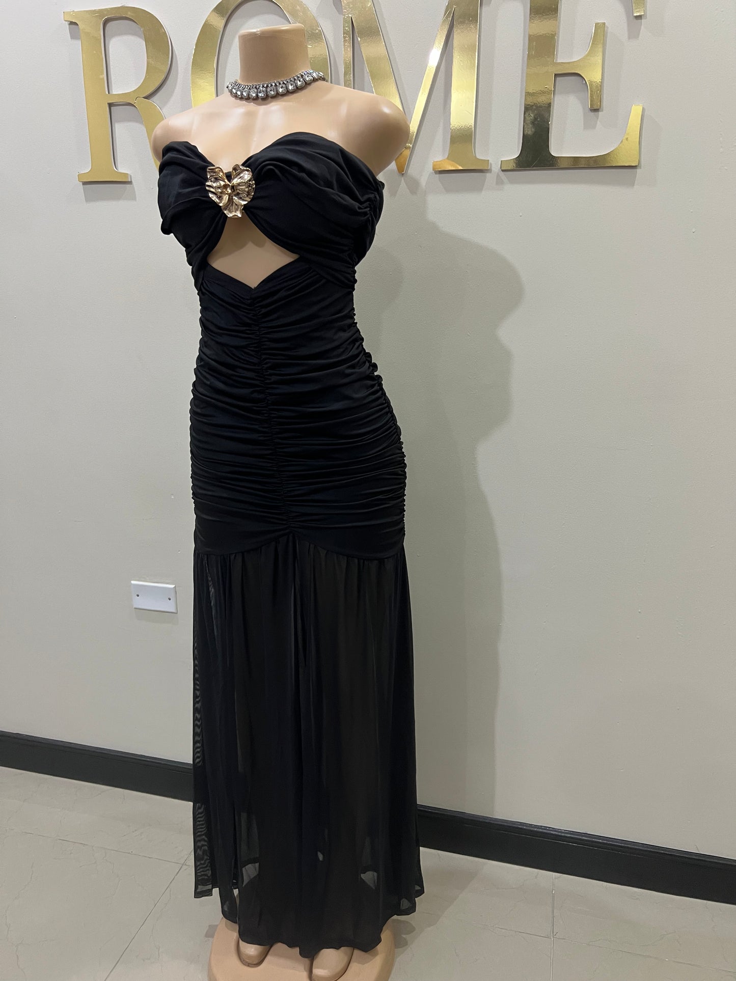 Nara Sophie Petal Off Shoulder Split Dress (Black)