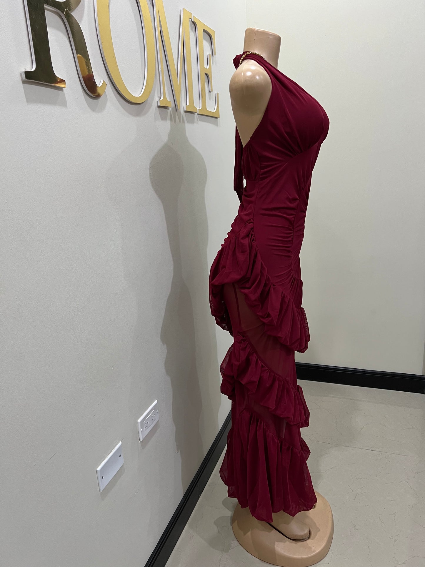 Courtili Ruffle Mesh Dress (Burgundy)