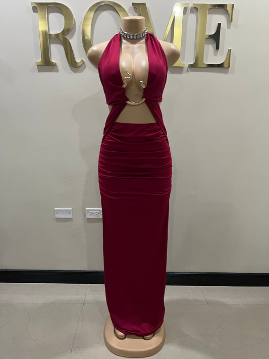 Snake Ming Deep V Dress (Burgundy)