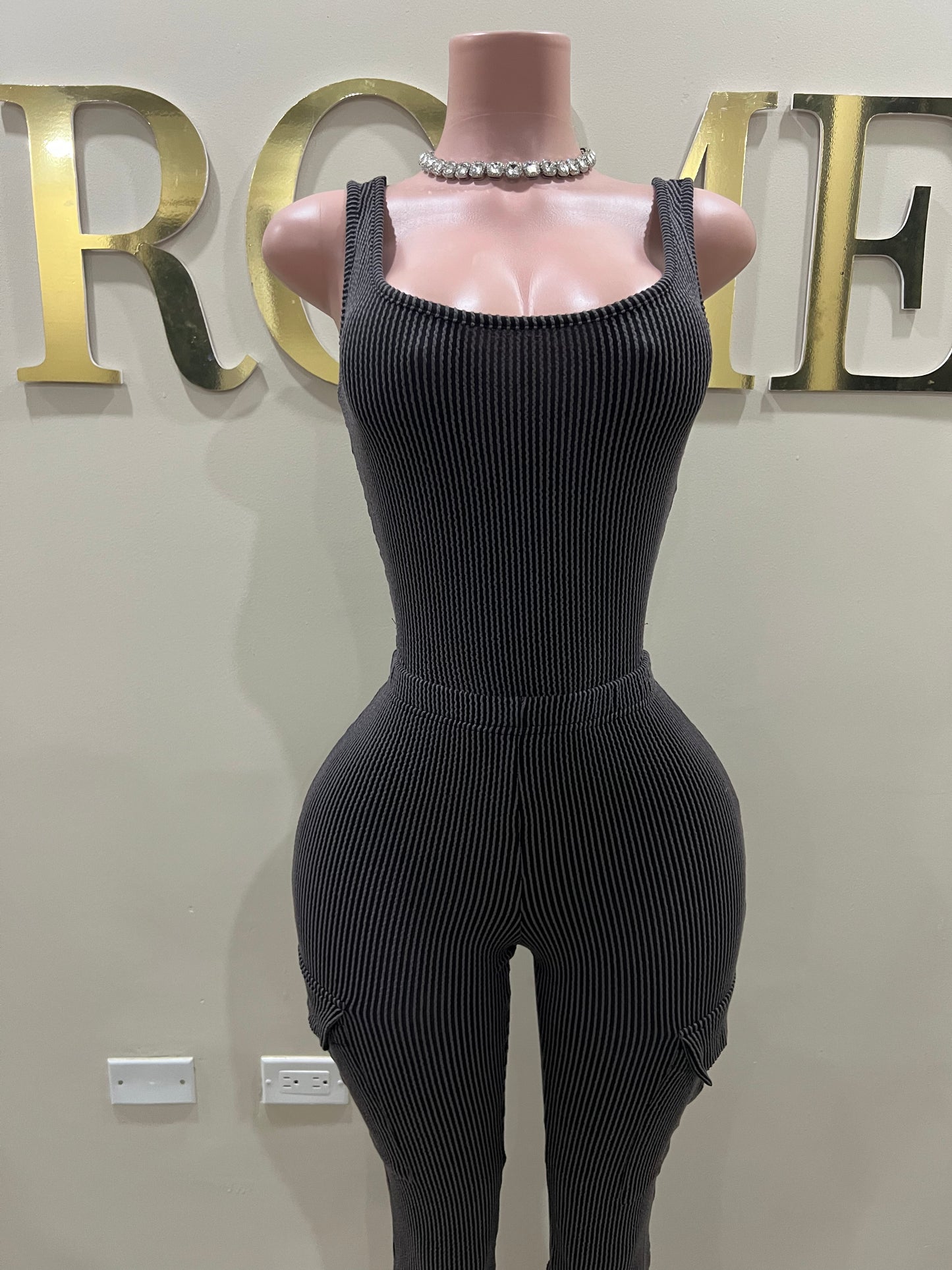 Brianna Bodysuit Pants Set (Black & Grey)