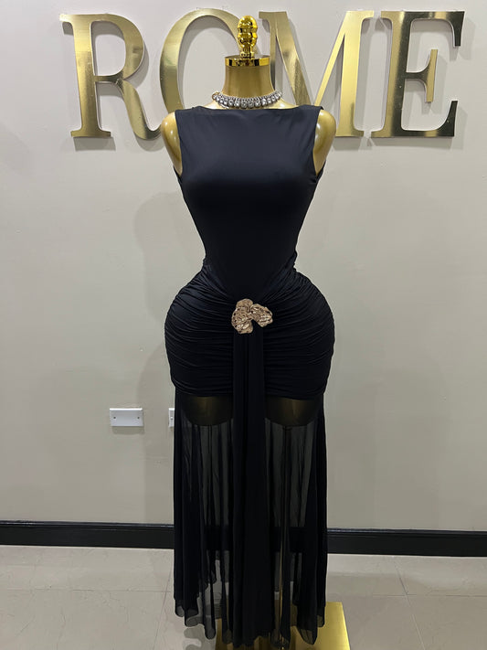 Nara Backless Petal Dress (Black)