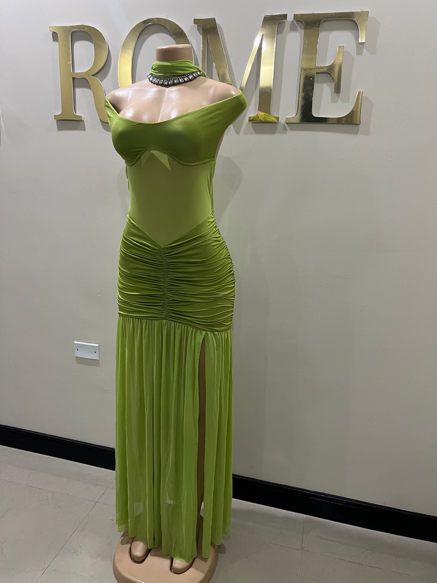 Off Shoulder Nara Split Dress with Scarf (Green)