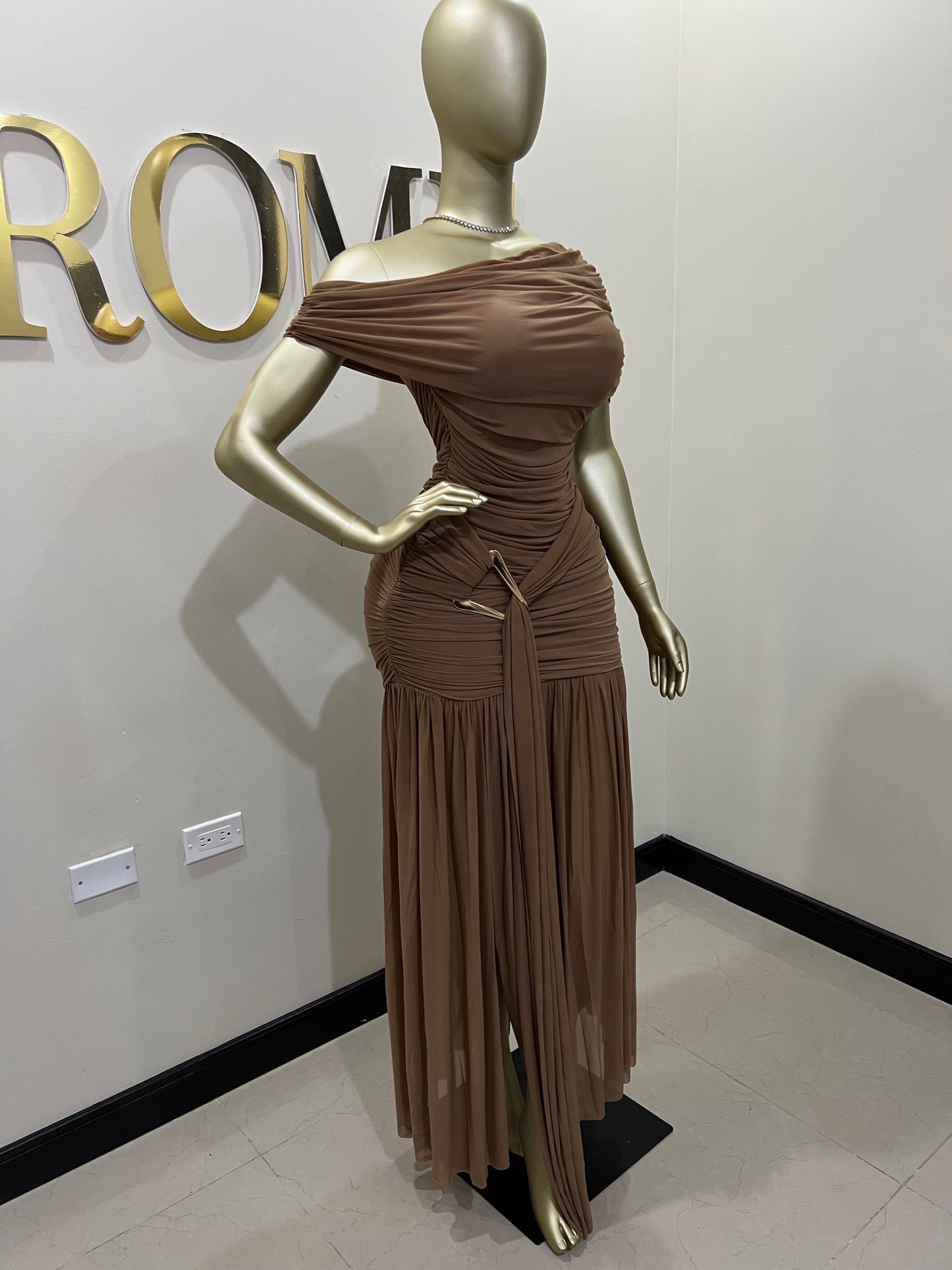Nara Michelle Angle Mesh Split Dress (Brown)
