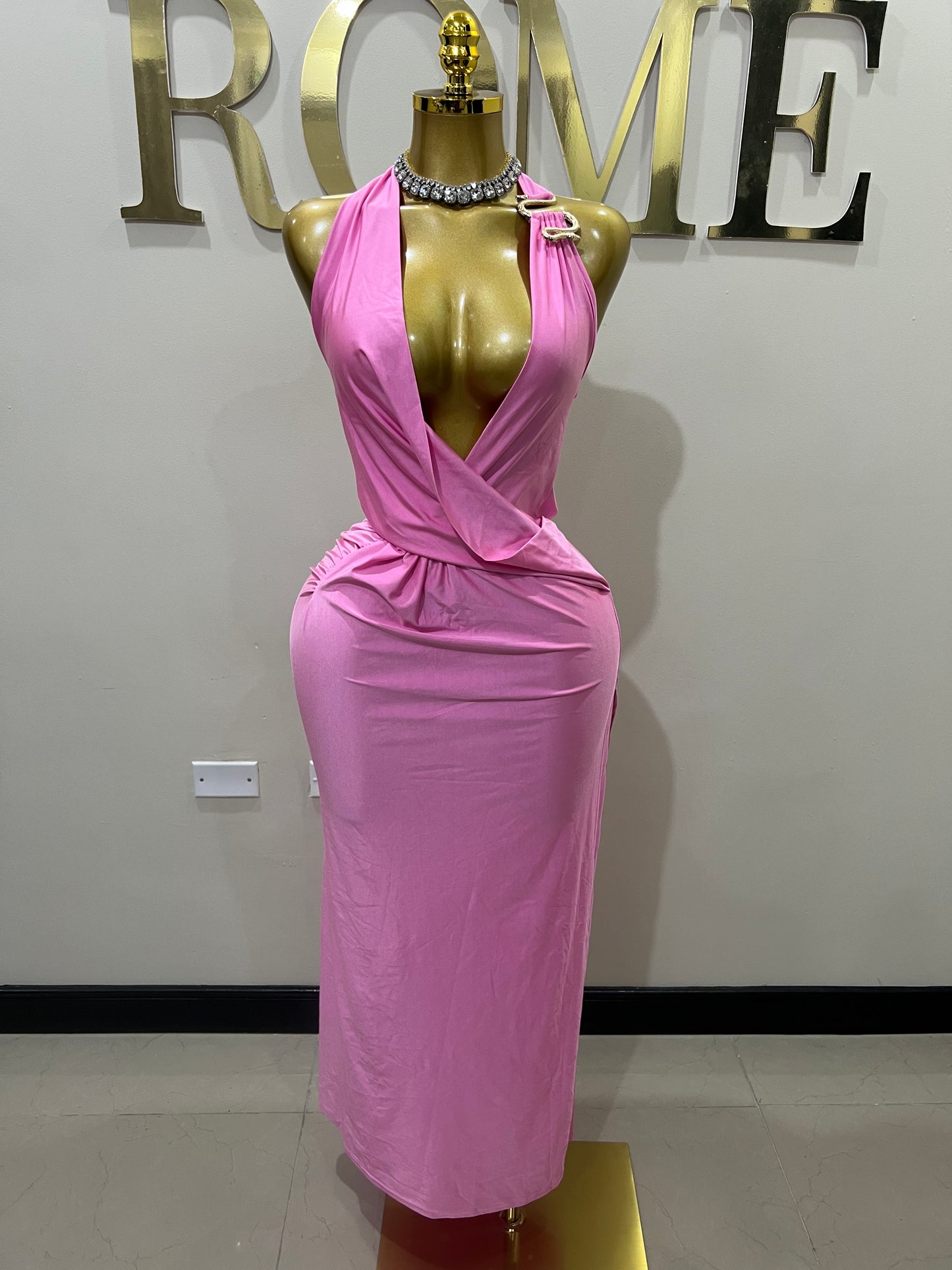 Snake Deep V Rouched Dress (Pink)