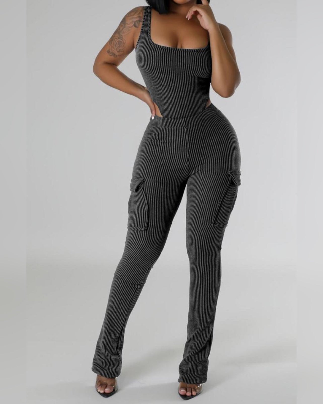 Brianna Bodysuit Pants Set (Black & Grey)