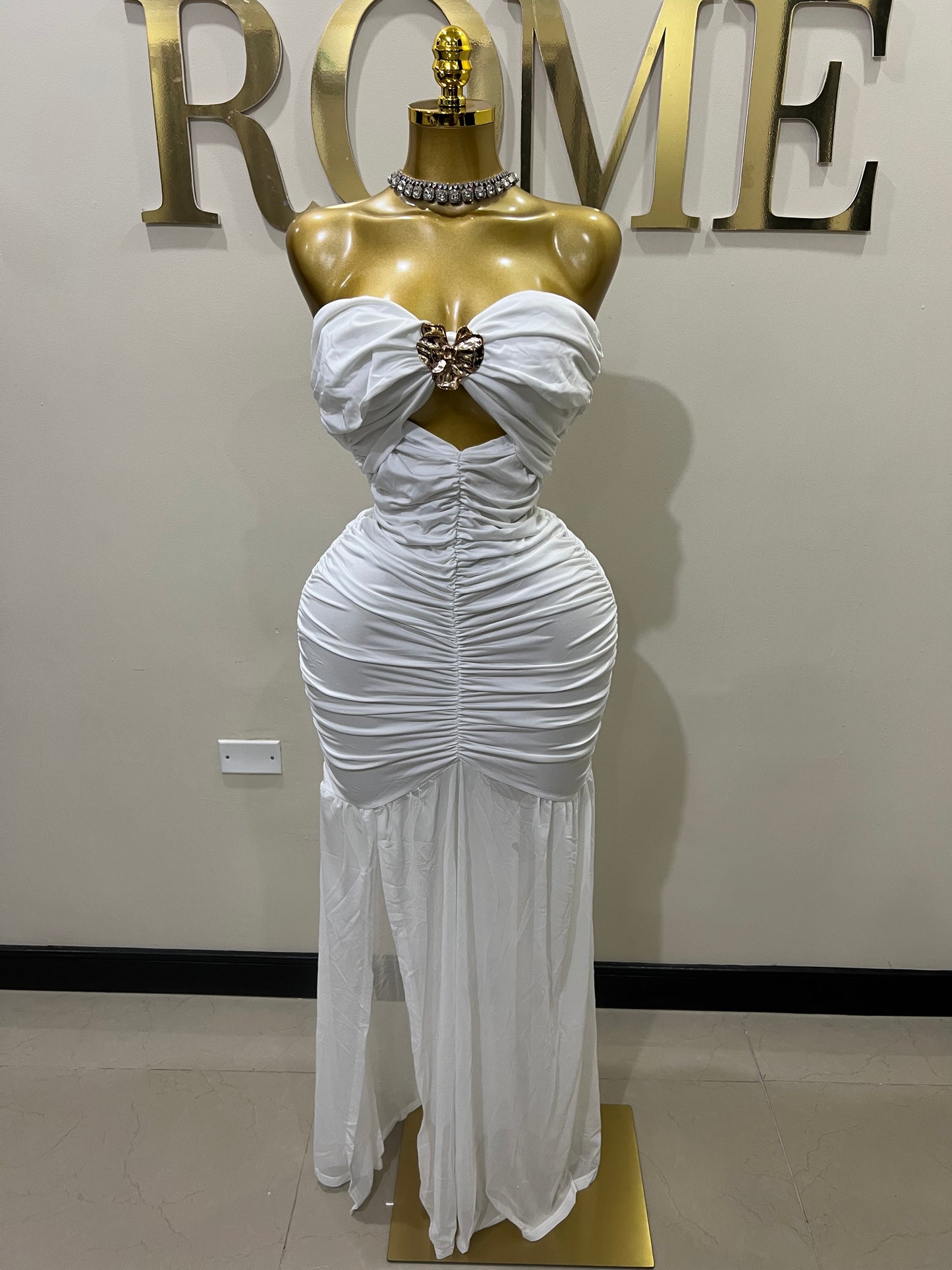 Nara Sophie Petal Off Shoulder Split Dress (White)