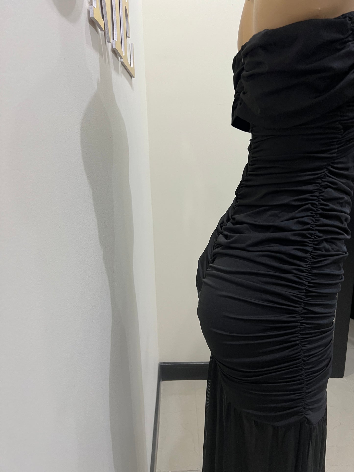 Nara Sophie Petal Off Shoulder Split Dress (Black)