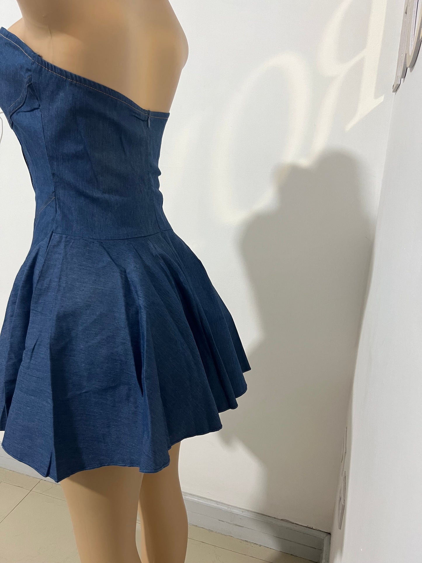 Denim Sweatheart Halter Dress (Blue)