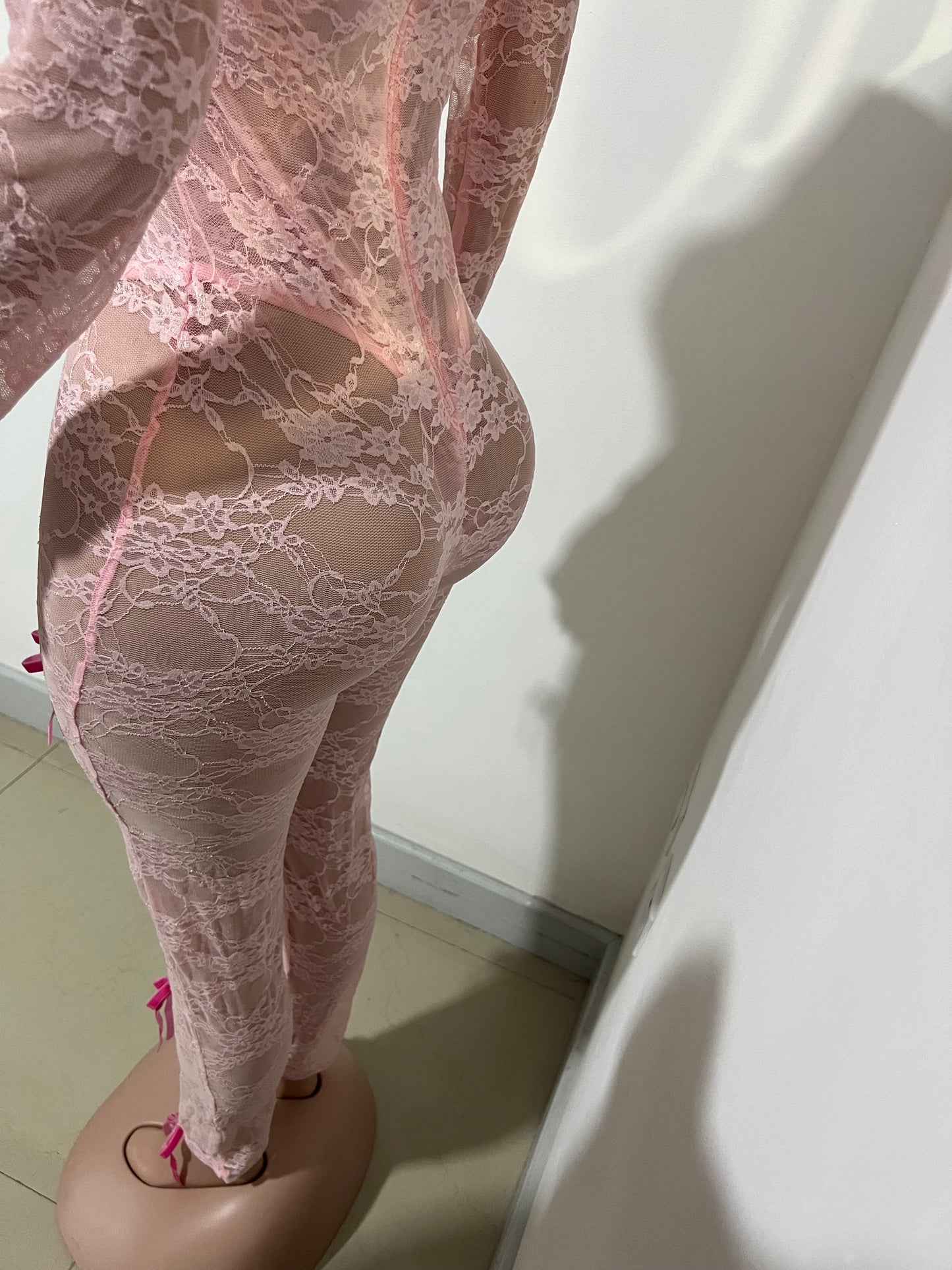 Lacey Bow Mesh Tights Jumpsuit (Pink)