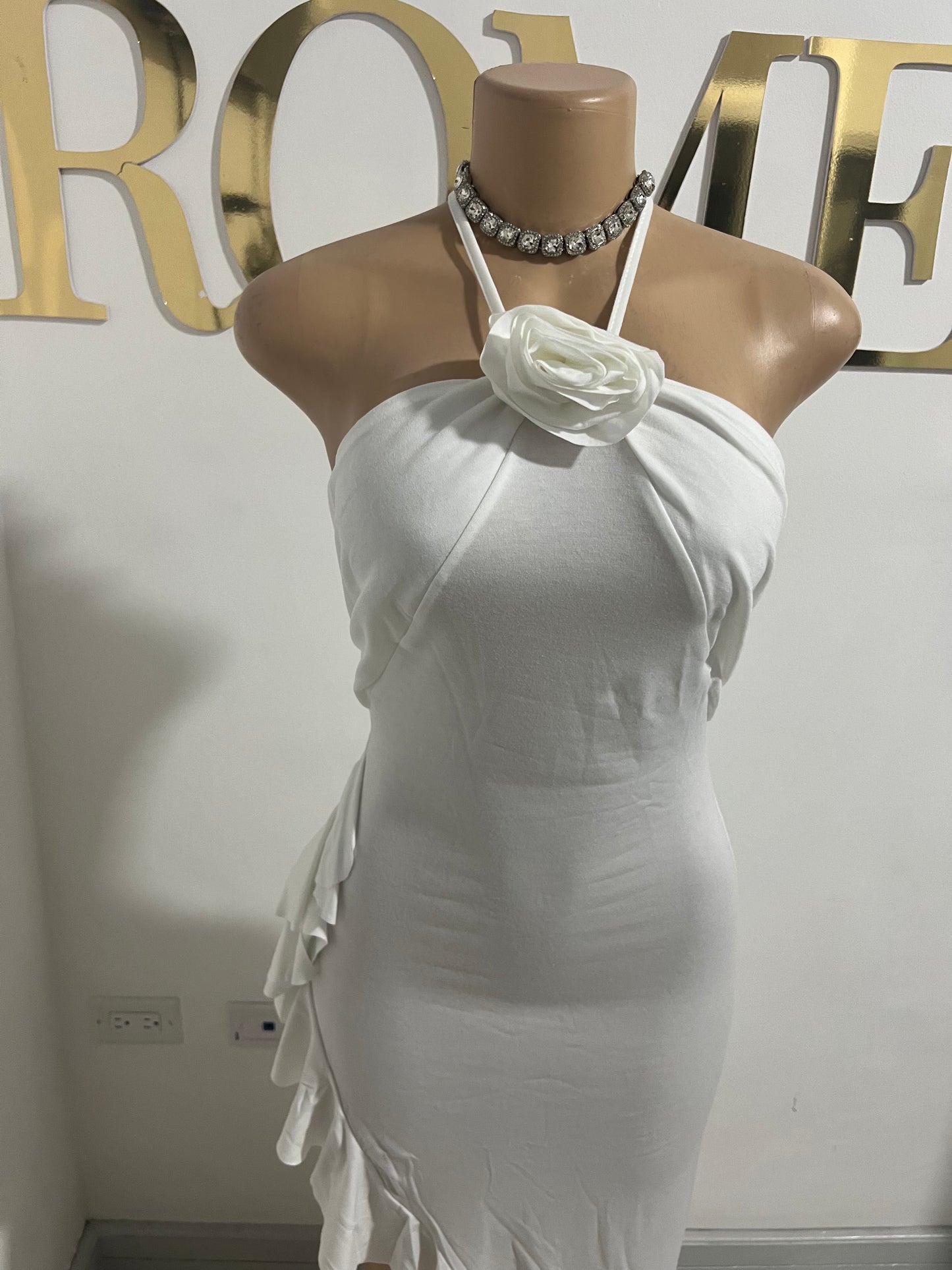 Lilian Rose Slant Ruffle Dress (White)