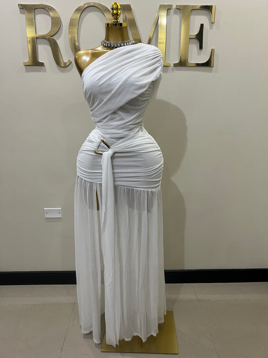 Nara Michelle Angle Mesh Split Dress (White)